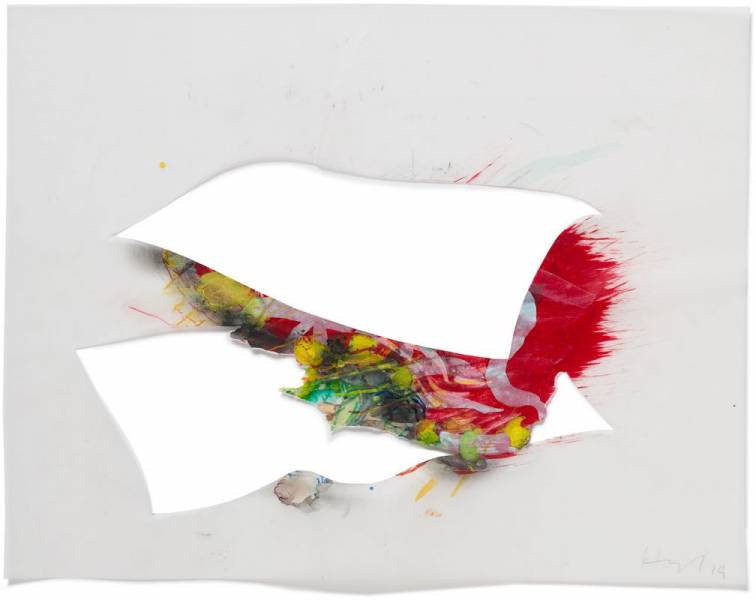 o.T. 2019, Acryl, Lack auf  Transparentpapier, Schnitte und Risse  Foto: Andreas Huber